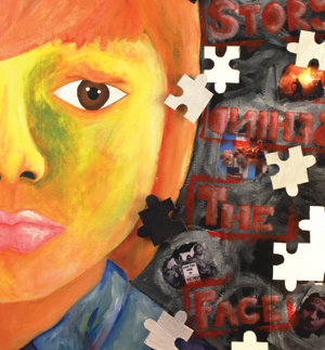 A painting of a young boy, collaged with words and pieces of a jig-saw puzzle